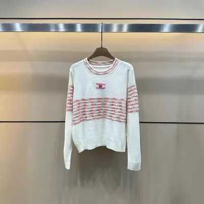 White Knit Sweater With Pink Stripe Pattern Casual