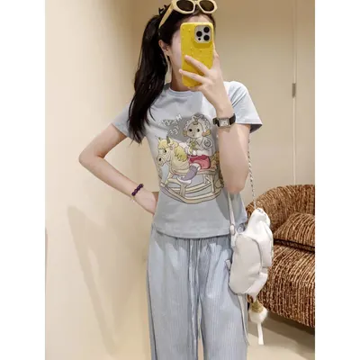 Cartoon Print Gray Casual T-Shirt