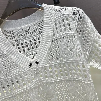 White Knit Openwork V-Neck Sweater