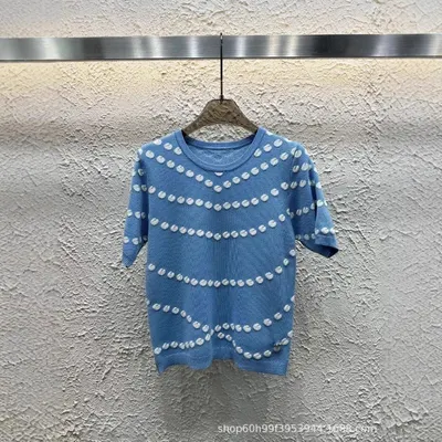 Blue Knit Pearl Embellished Short Sleeve Top