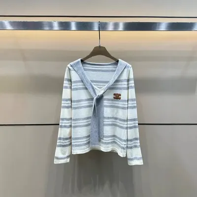 Striped Knit Long Sleeve Blue White Casual Sweater