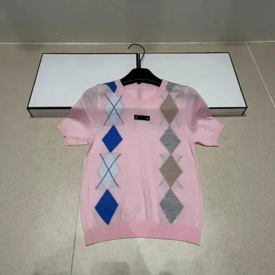 Pink Short Sleeve Argyle Knit Sweater