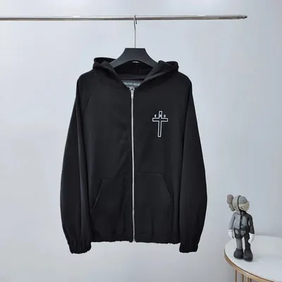 Black Cross Print Zip-Up Hoodie Casual Sweatshirt