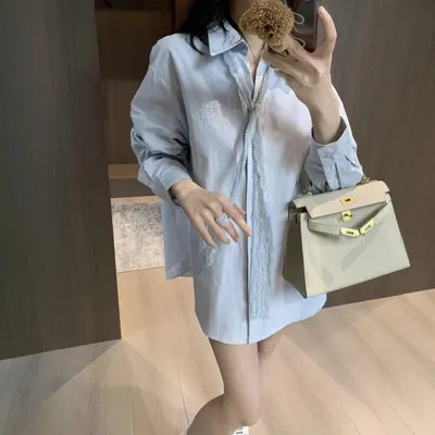 Blue Oversized Shirt Dress With Lace Trim Casual Style