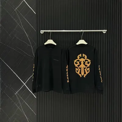 Black Long Sleeve Gold Embroidery Casual T-Shirt
