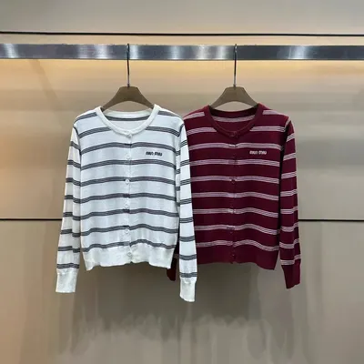 Miu Miu Striped Knit Cardigan White Casual Sweater