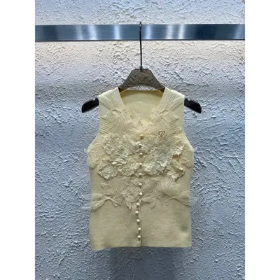 Lace Embellished Beige Knit Vest