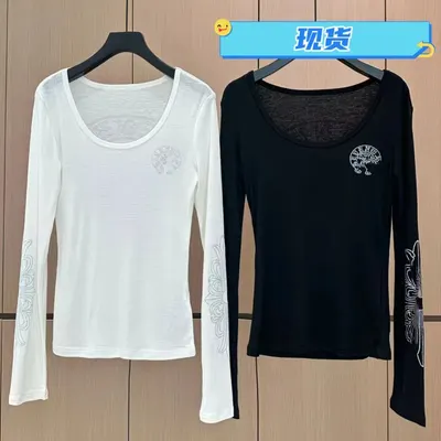 Long Sleeve Embroidered White Black Casual T-Shirt