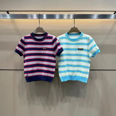 Stripe Knit T-Shirt Blue And Red Casual Top