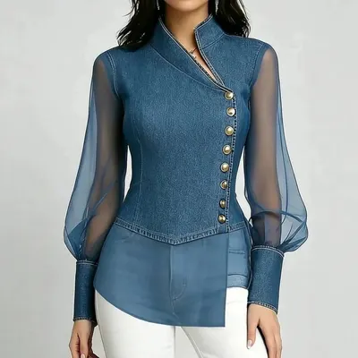 Denim Blouse Blue Asymmetrical Top
