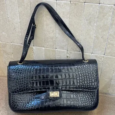 Black Crocodile Embossed Leather Shoulder Bag