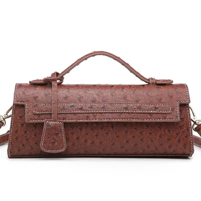 Ostrich Print Brown Leather Crossbody Bag