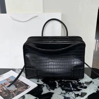 Crocodile Print Black Leather Tote Bag