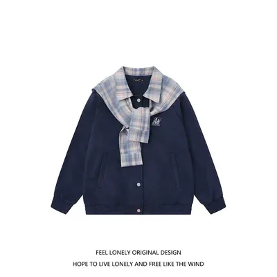 Feel Lonely Original Design Navy Blue Plaid Collar Jacket