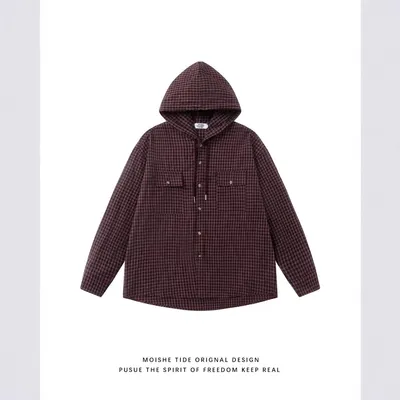 Moishe Tide Plaid Hooded Shirt Burgundy Casual Jacket