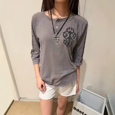 Gray Printed Raglan Sleeve Casual T-Shirt