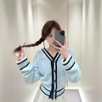 Knitted Cardigan Light Blue Striped Casual Sweater