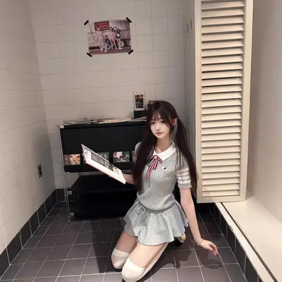 Gray Striped School Uniform Dress With Bow White Collar