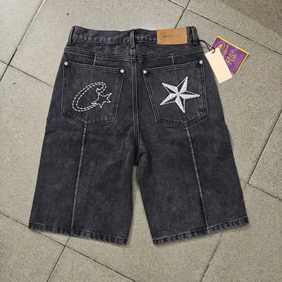 Denim Shorts Black Embroidered Star Design