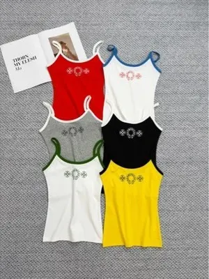 Cotton Embroidered Tank Top Red Casual