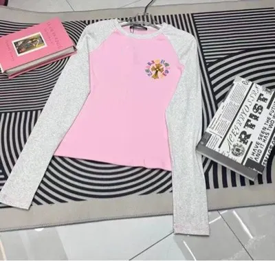 Pink And Gray Raglan Sleeve T-Shirt With Floral Print Casual Top