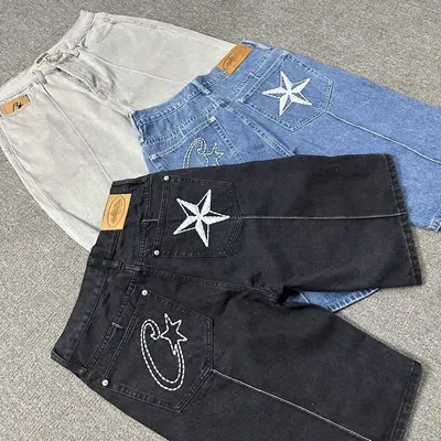 Star Patch Denim Pants Black Casual Style