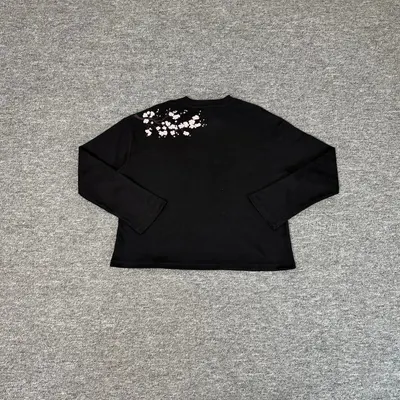 Black Long Sleeve Top With Cherry Blossom Embroidery
