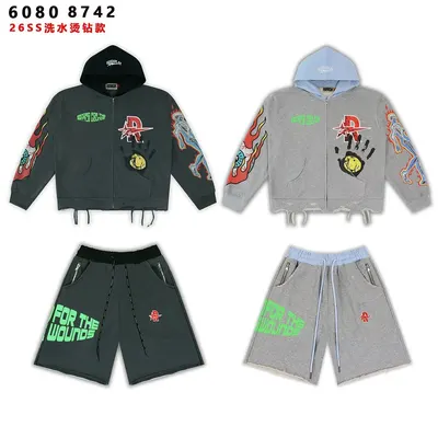 Roughly Dark Grey And Light Blue Hoodie Set With Flame Prints