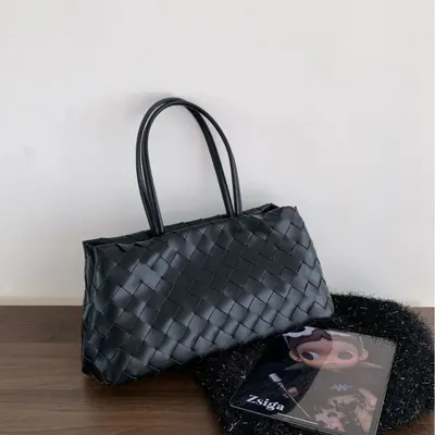Woven Leather Black Tote Bag