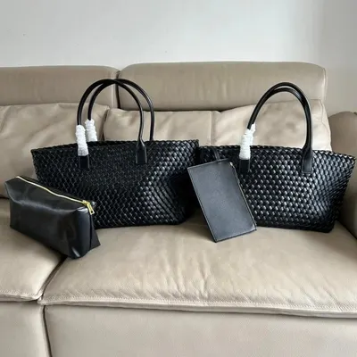 Woven Leather Black Tote Bag Set