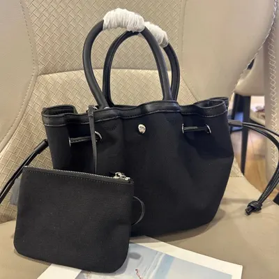 Black Canvas Tote Bag With Zippered Pouch