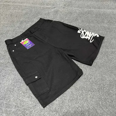 Black Cargo Shorts With White Graffiti Print Casual Style