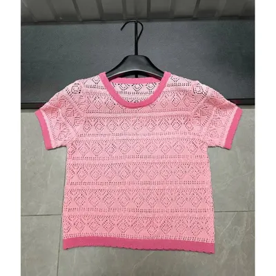 Pink Knit Short Sleeve Crochet Top