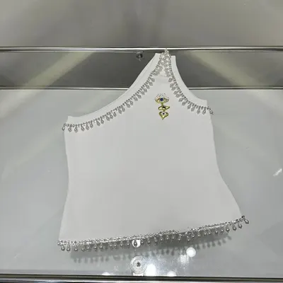 White Pearl Embellished Asymmetric Tank Top