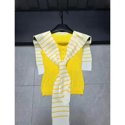 Yellow Striped Knit Vest With Scarf Collar